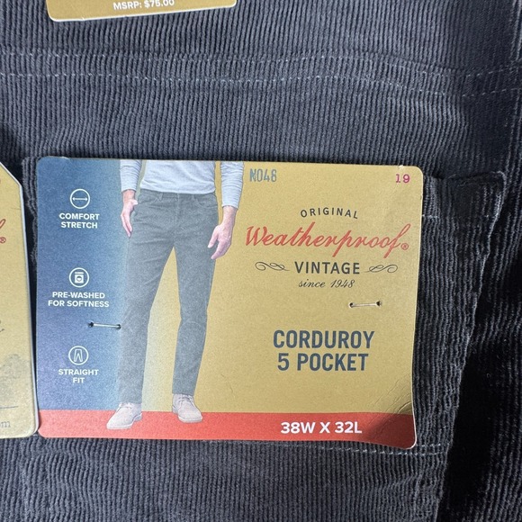 Weatherproof Vintage Mens Iron Gray 38x32 Corduroy 5 Pocket Straight Fit Pants - Picture 14 of 16